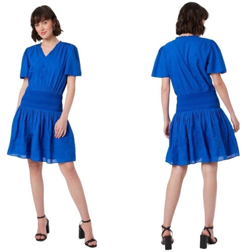 Ralph Lauren Sizanna Embroidered Smocked Waist A-Line Cotton Dress Royal Blue 18